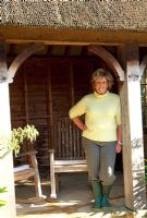 Judy Pearce in hut in formal garden - Lady Farm, Chelwood, Somerset 