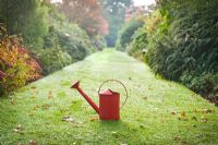 Red watering can on a lawn between two borders in autumn