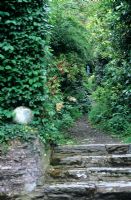 Stone steps leading to pathway through shrubs to a tromp l'oeil at Portmeirion, Wales