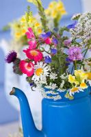 Wild flowers in antique tea pot standing on bench in summer house. Rose, Cow Parsley, Elderflowers, Leucanthemum vulgare - Daisy, Echium vulgare - Vipers Bugloss, Thistle, Cowslip and Achillea - Yarrow.
