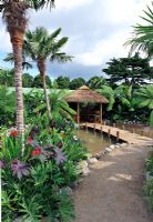 Lush Exotic planting with stilted breeze house, Hampton COurt Flower Show 2009