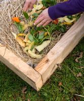 Deep bed mulching - Household food waste laid over newspaper and garden waste