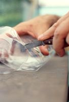 Making a lacewing shelter - Cut the top and bottom off an empty plastic soda bottle