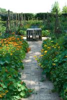 Kitchen garden with brick path leading to reclaimed bath with Allium seedheads and Agapanthus. Calendula officianalis and Tropaeolum on either side of brick path with willow wigwam supports and wooden table and chairs - Heveningham, Suffolk