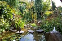 Pod in autumn with stepping stones and fountain spout in rock