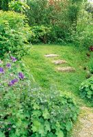 Rough stone steps in grass slope. Fovant Hut Garden, Wilts