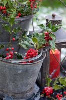 Lantern with red candle and Ilex - Holly in metal buckets on table
