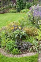 Late summer mixed border with Perovskia, Nicotiana, Dahlia and Datura stramonium by lawn, edged with stone at 'Springbank', Davenham, Cheshire NGS