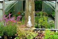 Plants in the nursery sales area are interspersed with sculptural figures, plaques and furniture - Pinsla Garden, Cardinham, Cornwall