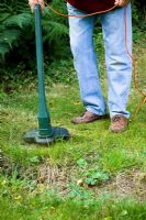 Using an electric rotary line strimmer on rough long grass