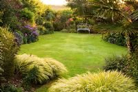 Lawn framed with Hakonechloa macra 'Aureola'. Poppy Cottage Garden, Roseland Peninsula, Cornwall, UK