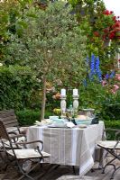 A linen dressed table with stone chandeliers and garden chairs against the background of Olea europaea and Delphinium Giant-Gruppe 'Blue Bird Pacific'