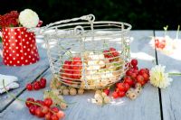 Red and white currants displayed in wire basket on table
