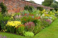 Herbaceous border in early July backed by an eighteenth century wall. Between the beds are handsome Taxus - Yew finials designed by Rowland Egerton-Warburton and planted in 1856 - Arley Hall, Cheshire, early July
