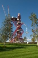 Olympic Park Sculpture by Anish Kapoor - the ArcelorMittal Orbit, nicknamed the Helter-Skelter and the Hubble Bubble with giant cranes and Beula 