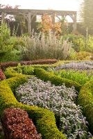 Formal knot garden made of box and berberis, infilled with purple sage and blue salvias