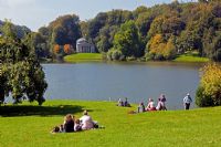 View across the lake to the Pantheon at Stourhead Gardens, Wiltshire, UK, early September, Designed by Henry Hoare