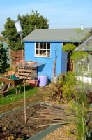 Painted blue shed in Autumn Garden with plastic bottles on canes to deter Moles establishing