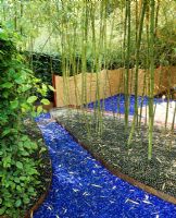 Glass garden - Blue glass and green marbles act as mulch beneath bamboos with rope fencing 