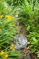 Stepping stone and gravel path by beds with Primula and Crocosmia 