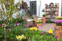 Paved terrace with seating area, beds of Tulipa and Narcissus - Imig-Gerold Garden