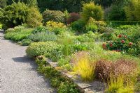 Colourful raised borders with perennials, shrubs, grasses, and gravel paths in late May at Cally Gardens, Gatehouse of Fleet, Scotland