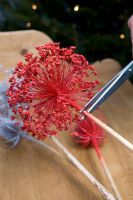 Homemade Christmas tree decorations - Spraying seedheads with red spray paint 
