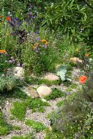 Wildflowers, herbs and annuals growing alongside gravel path - The SKYShades Garden - Powered by Light - RHS Chelsea Flower Show 2011