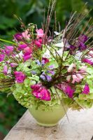 Penstemons and hydrangeas in a green jug. P. 'Just Jayne', 'Snowstorm', 'Raven' and 'Garnet'