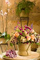 Bouquet of hydrangea, roses, Gomphrena and Salvia farinacea. Flower design by Raimondo Bianchi. Fioraio Bianchi CaffÃ¨. Milan. Italy