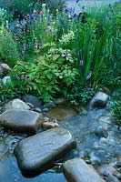 Stream feature with Primula vialli, Astilbe, Papaver, Salvia viridis and Calendula in The SKYShades Garden - Powered by Light RHS Chelsea Flower Show 2011 Silver medal winner 