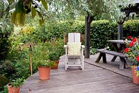 Raised deck with adirondack chair, pots and candles - Brook Hall Cottages, Essex NGS