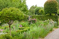 Roses and wildflowers surrounded by clipped hedges and trees - Allium christophii, Buxus, Dianthus carthusianorum and Fagus sylvatica 'Purpurea' - Germany
