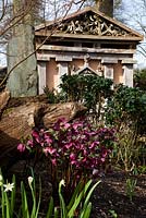 One of the two green oak temples in the The Stumpery, Highgrove Garden, March 2011. The Stumpery is based on a Victorian concept for growing ferns amongst tree stumps.  