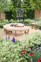 Modern garden with wooden bench