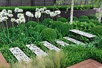 Floating metal steps, repeating box spheres, ferns, Agapanthus and Hosta in contemporary garden, Hampton Court flower show 2012