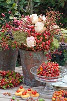 Display with Rosa 'Upper Secret', Crataegus, Sambucus nigra, Euonymus alatus, Ammi majus and Smilax aspera