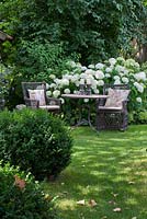 Two wicker armchairs with embroidered patchwork cushions and a bistro table with candle holders against a backdrop of white flowering Hydrangea arborescens 'Annabell'.