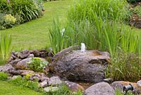 Wellstone and granite boulders as water feature with native bog plants and Iris pseudacorus