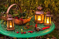 Garden table with Christmas lanterns and trug with mistletoe, rose hips, and holly