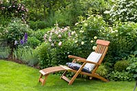Wooden recliner on lawn near border with Rosa 'The Pilgrim'