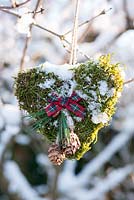 Snowy moss heart with ribbon displayed hanging on branch