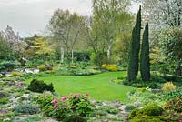 Rock garden and lawn in spring with paired specimens of Juniperus communis 'Hibernica' - Glen Chantry, Essex
