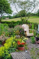 Adirondack garden chair surrounded by Geranium psilostemon and Alchemilla mollis. Containers with Pelargoniums, Violas, Nemesias and Marguerites. Hedge with meadow in background