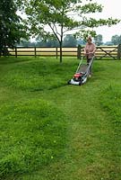 Woman mowing grass in paddock, leaving areas of wildflowers for insects