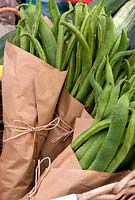 Wrapped bundles of Runner Beans on market stall