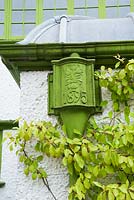 Exterior wood and metalwork on the house, dated 1895, are all painted in 'Voysey Green'. Perrycroft, Upper Colwall, Herefordshire, UK