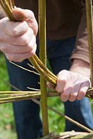 Weaver Dominic Parrette twisting the pliable willow between the uprights - Sussex Willow 
