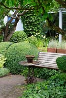 Terracotta brick patio with wooden bench, Buxus - Box balls, Apple and Plum trees, Iris, Rusty metal pots with grasses - Ulla Molin 
 