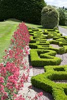 Box topiary set in gravel backed by Centranthus - Valerian on wall - Morville House
